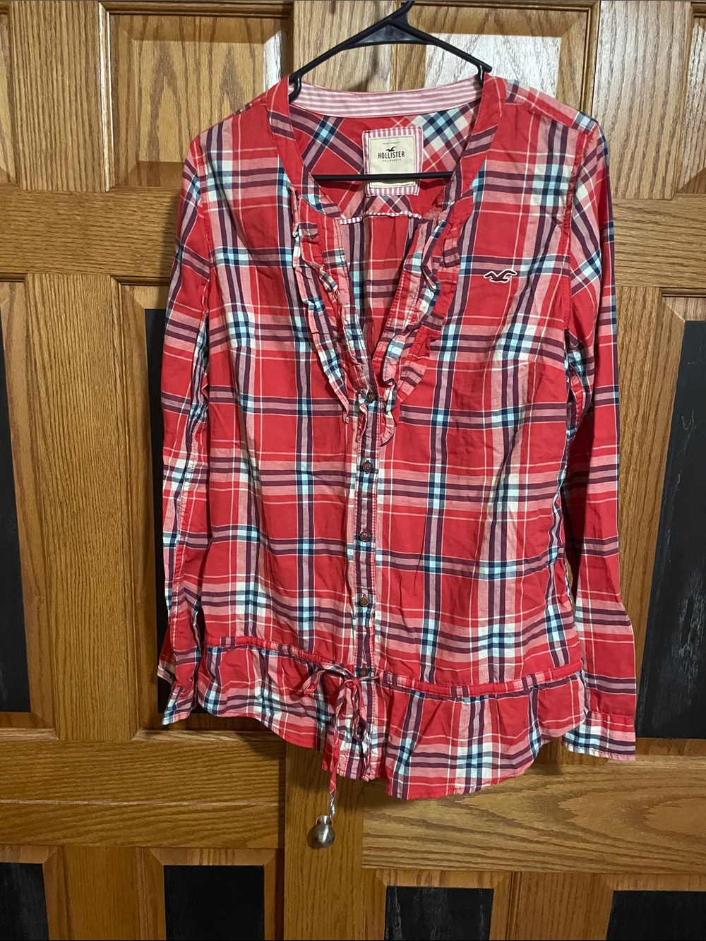 Hollister Red Plaid Ruffle-Trim Button-Up Top